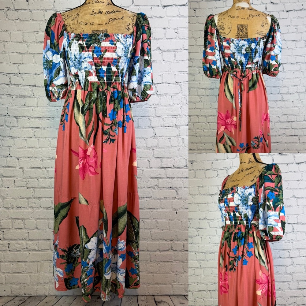 Floral Print Smocked Bodice Midi Dress